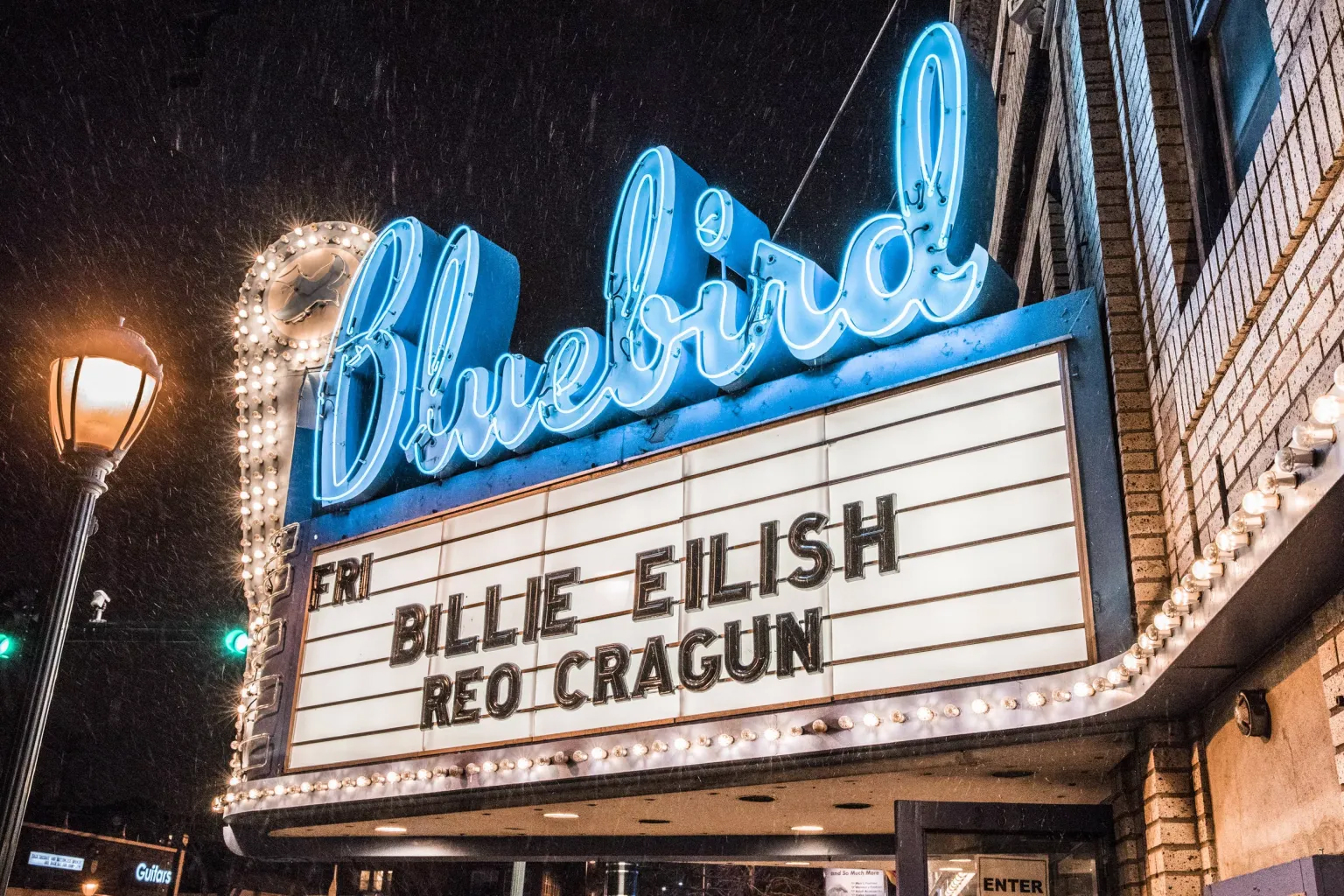 The iconic Bluebird Theater marquee sign - historic entertainment venue renovated by Evan Dechtman